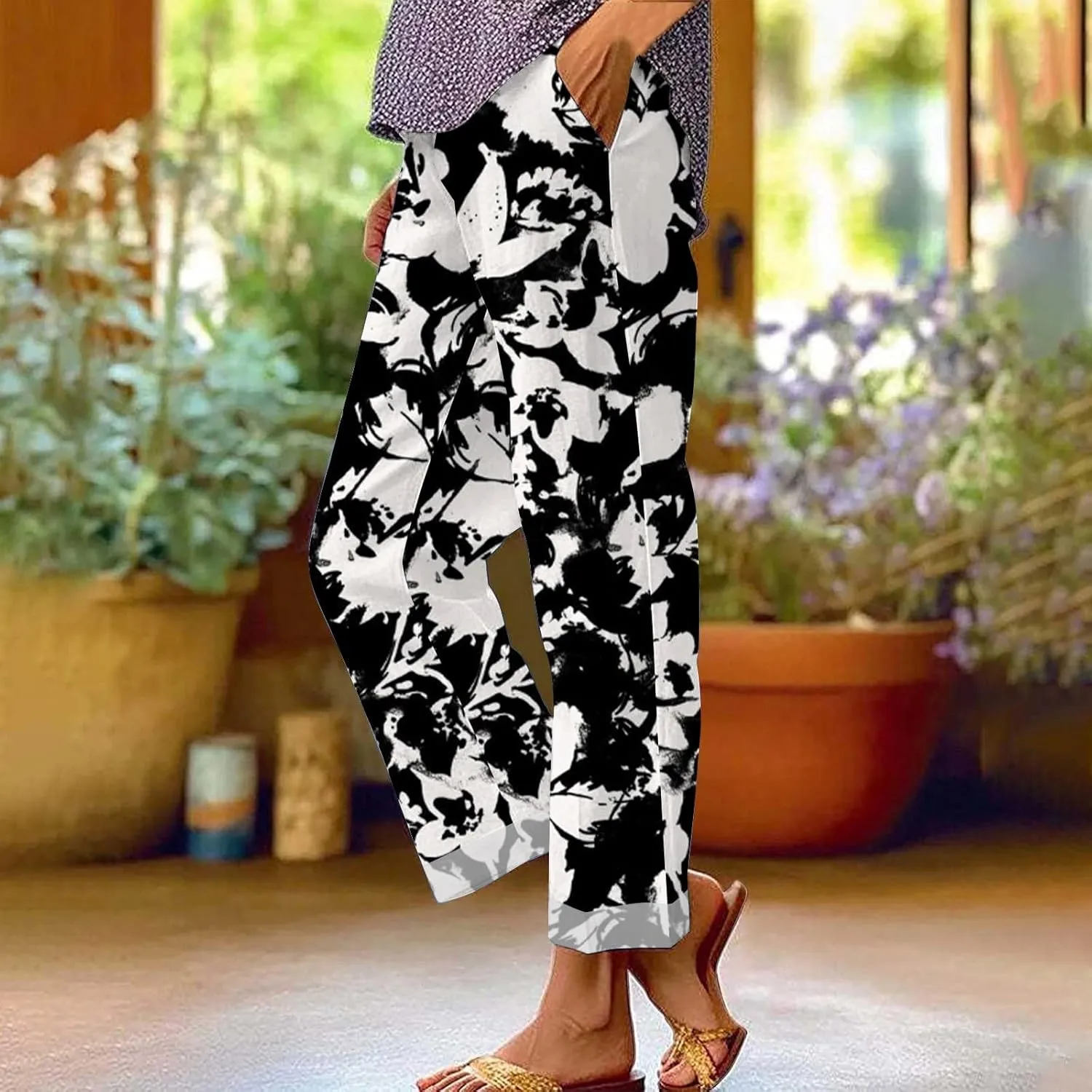 Women Linen Pants Solid Elastic Pants Long Drawstring Linen Women Waist Cotton Casual Pants Casual Button Up Flowy