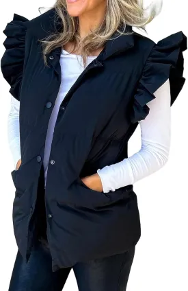 Women Puffer Vest Ruffle Sleeve Button Down Padded Quilted Puffy Jacket Padded Gilet Sleeveless Winter Coat Pockets