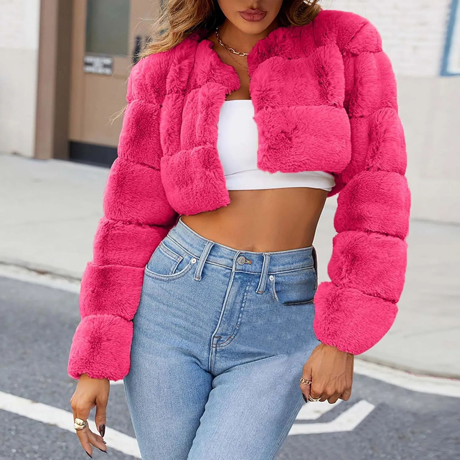 Women's 2024 Winter Coats Fleece Cropped Jacket Faux Fur Long Sleeve Cardigan Shaggy Warm Outerwear Fall Y2K Clothes