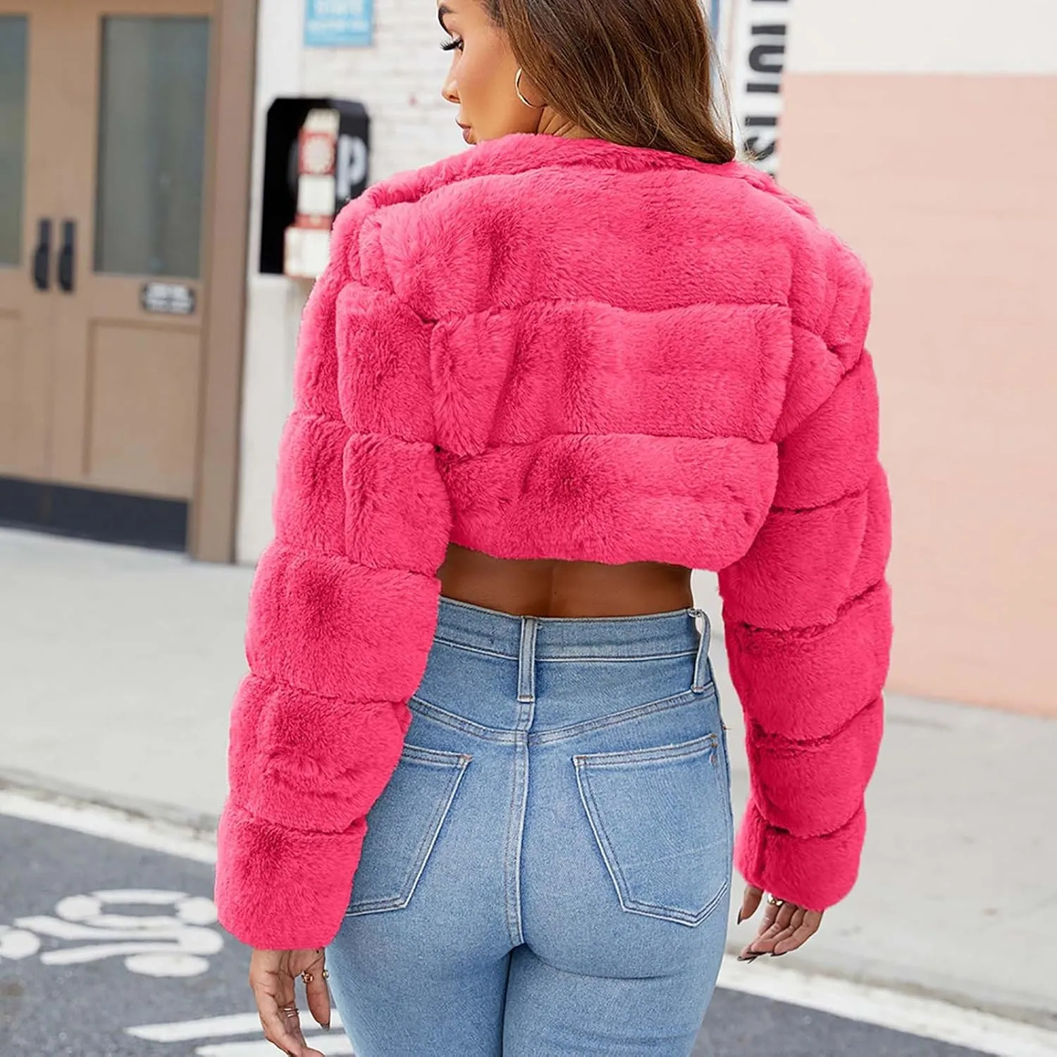 Women's 2024 Winter Coats Fleece Cropped Jacket Faux Fur Long Sleeve Cardigan Shaggy Warm Outerwear Fall Y2K Clothes