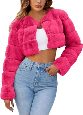 Women's 2024 Winter Coats Fleece Cropped Jacket Faux Fur Long Sleeve Cardigan Shaggy Warm Outerwear Fall Y2K Clothes