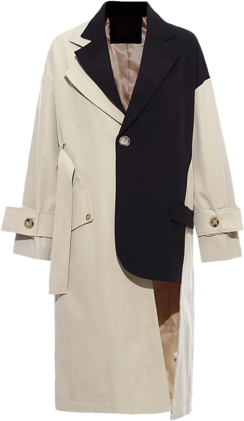 Women's Asymmetrical Lapel Long Sleeve Loose Fit Trench Windbreaker Oversized Adjustable Belted Coat