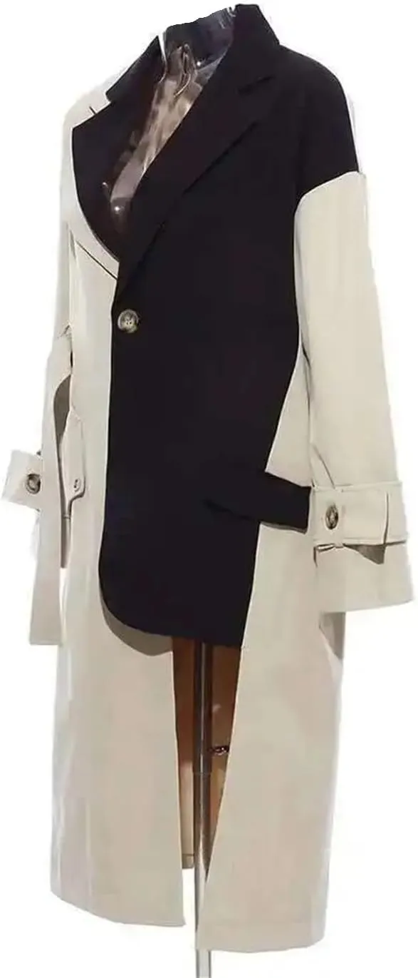 Women's Asymmetrical Lapel Long Sleeve Loose Fit Trench Windbreaker Oversized Adjustable Belted Coat