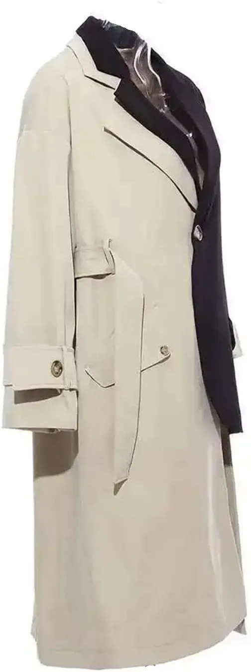 Women's Asymmetrical Lapel Long Sleeve Loose Fit Trench Windbreaker Oversized Adjustable Belted Coat