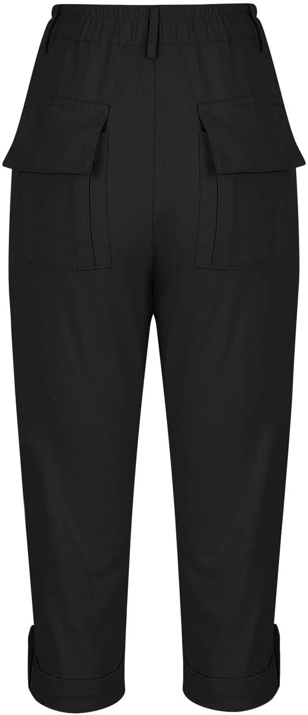 Women's Cargo Capris Casual Loose-Fit Cuffed Hem Capris Pants with Pockets Summer Cropped Quick Dry Hiking Pants