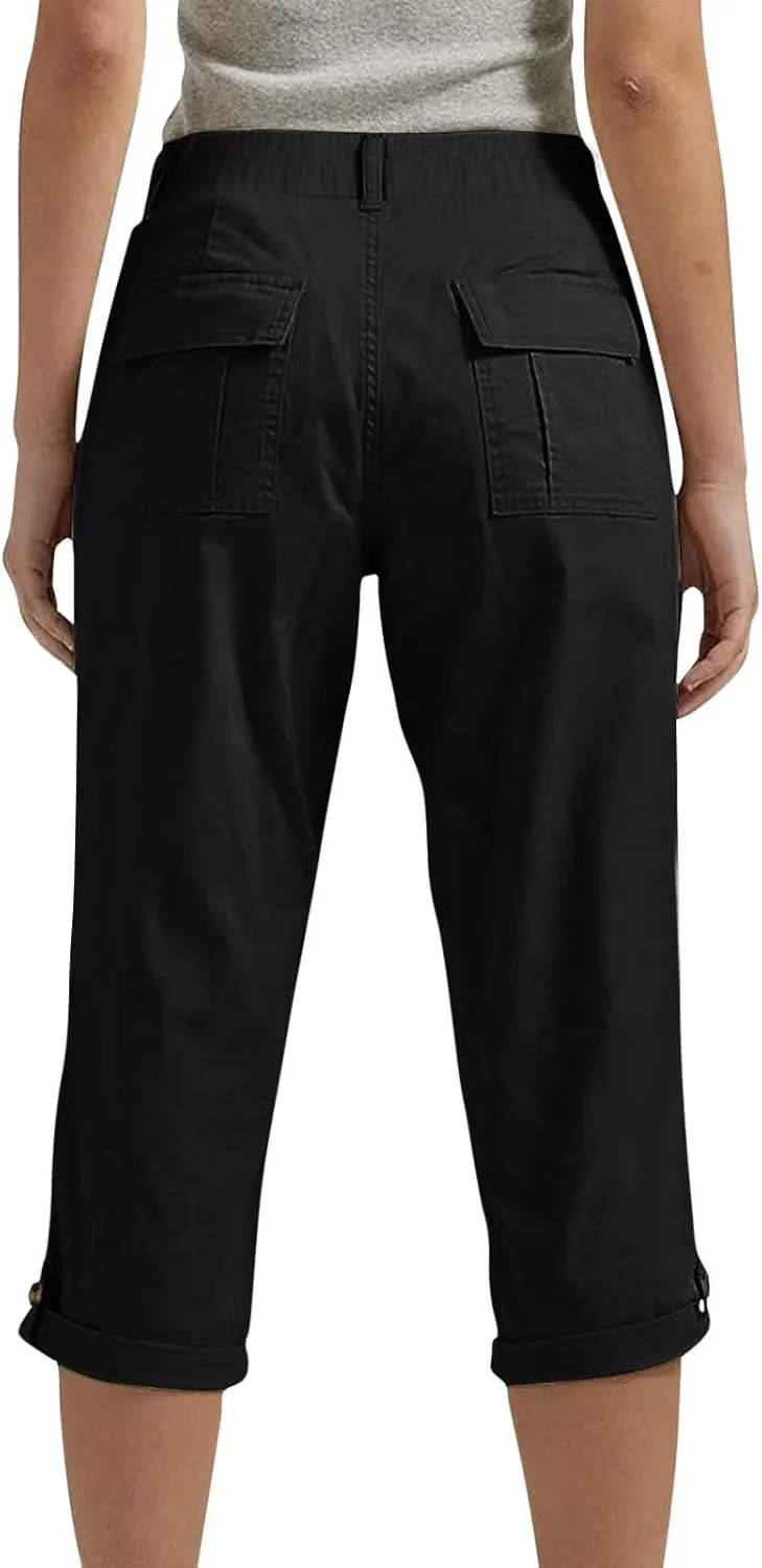 Women's Cargo Capris Casual Loose-Fit Cuffed Hem Capris Pants with Pockets Summer Cropped Quick Dry Hiking Pants