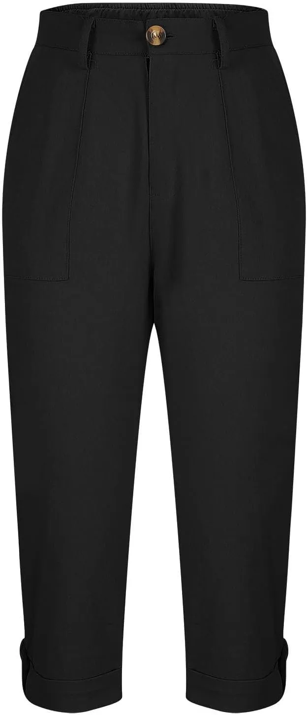 Women's Cargo Capris Casual Loose-Fit Cuffed Hem Capris Pants with Pockets Summer Cropped Quick Dry Hiking Pants