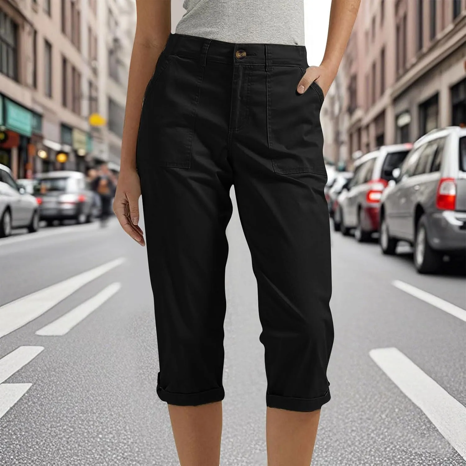 Women's Cargo Capris Casual Loose-Fit Cuffed Hem Capris Pants with Pockets Summer Cropped Quick Dry Hiking Pants