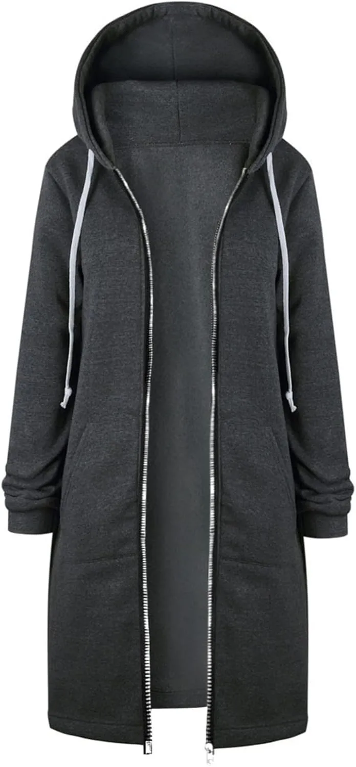 Women's Casual Zip Up Hoodies Long Tunic Sweatshirt Winter Windproof Drawstring Hooded Jacket Outerwear with Pockets