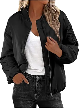 Women's Cropped Bomber Jackets Casual Zip Up Long Sleeve Outerwear Winter Warm Quilted Short Jacket Fully Lined Coats