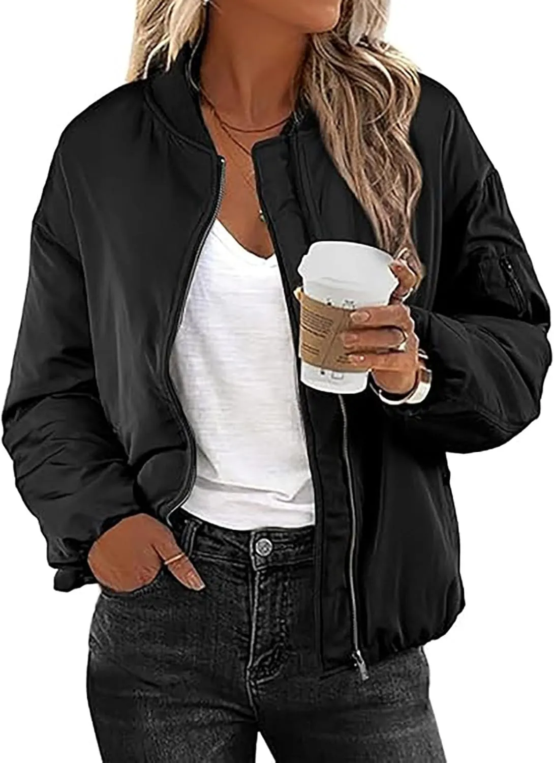 Women's Cropped Bomber Jackets Casual Zip Up Long Sleeve Outerwear Winter Warm Quilted Short Jacket Fully Lined Coats
