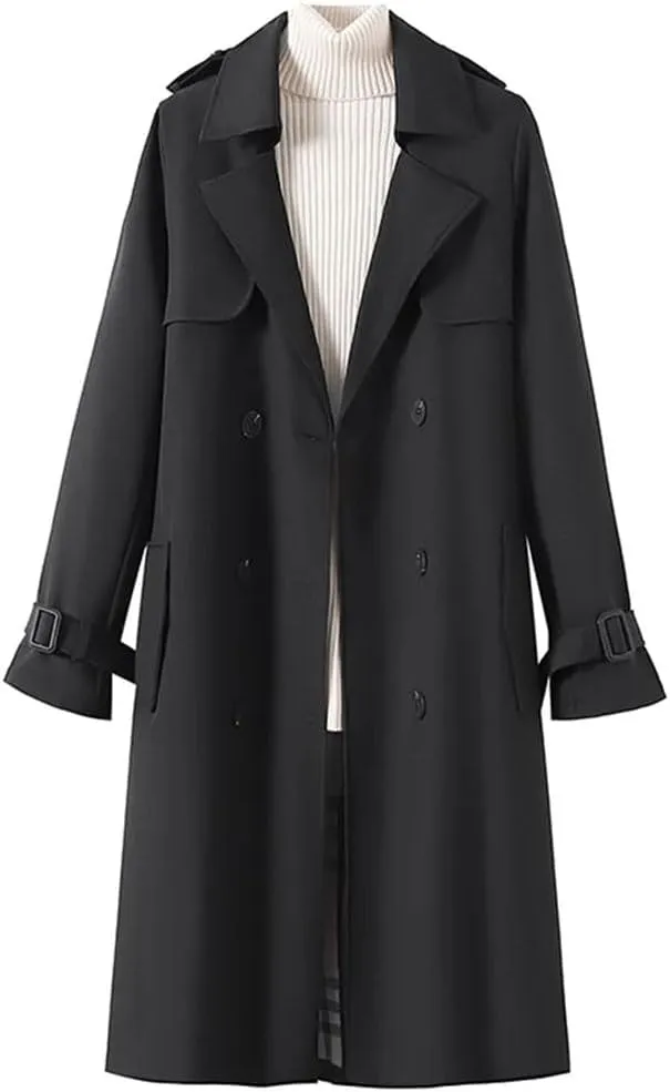 Women's Double Breasted Belted Long Trench Coat With Adjustable Waist Casual Outerwear