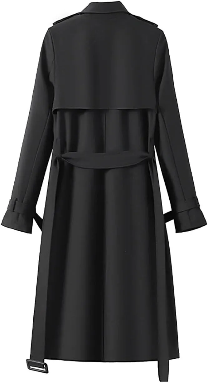 Women's Double Breasted Belted Long Trench Coat With Adjustable Waist Casual Outerwear