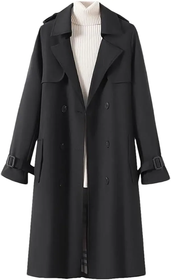 Women's Double Breasted Belted Long Trench Coat With Adjustable Waist Casual Outerwear