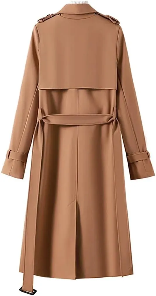 Women's Double Breasted Belted Long Trench Coat With Adjustable Waist Casual Outerwear