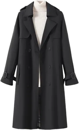 Women's Double Breasted Belted Long Trench Coat With Adjustable Waist Casual Outerwear