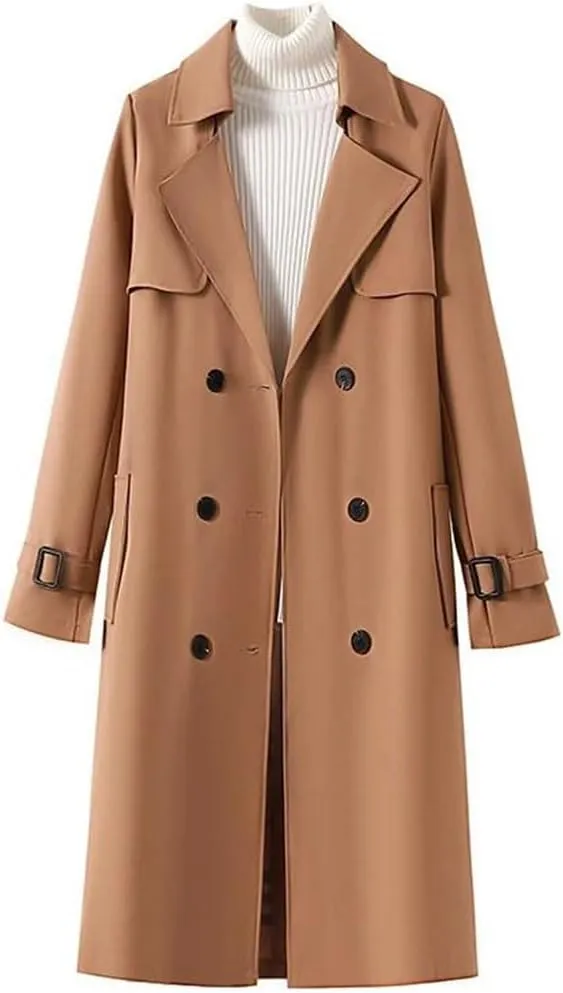 Women's Double Breasted Belted Long Trench Coat With Adjustable Waist Casual Outerwear
