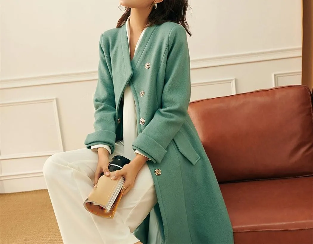 Women's English Style Wool Trench Coat Winter EN8 Office Jacket With V-Neck Covered Buttons Windbreaker With Pockets