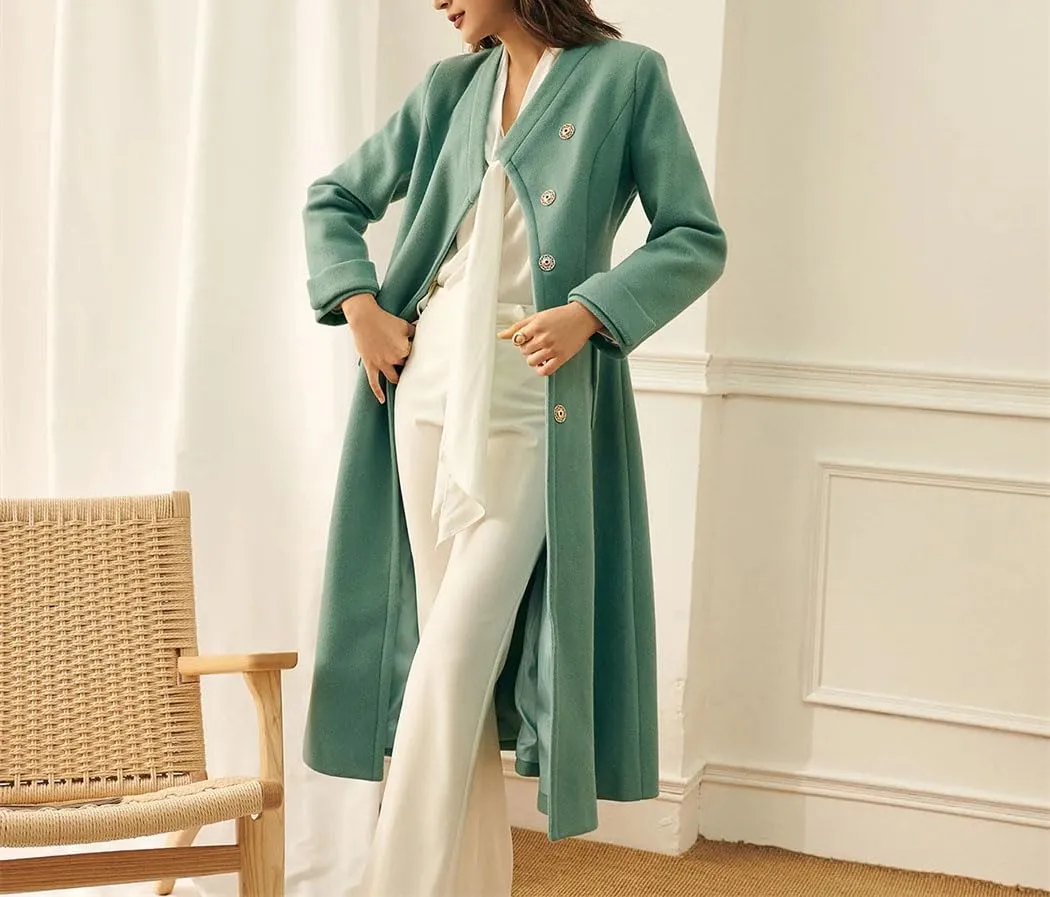 Women's English Style Wool Trench Coat Winter EN8 Office Jacket With V-Neck Covered Buttons Windbreaker With Pockets