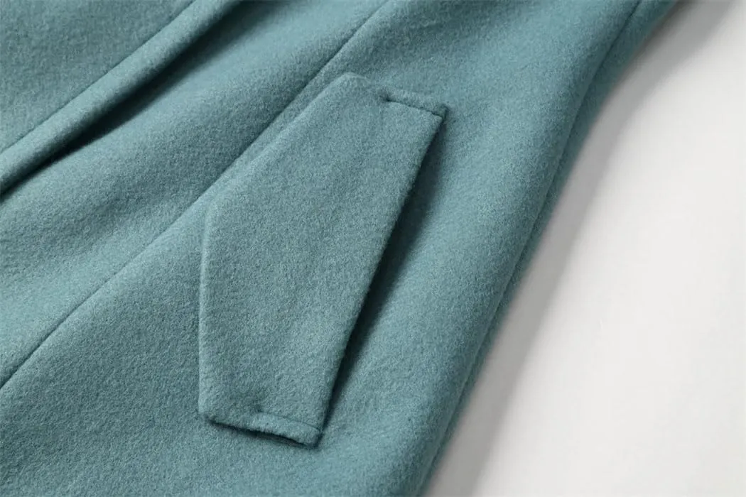 Women's English Style Wool Trench Coat Winter EN8 Office Jacket With V-Neck Covered Buttons Windbreaker With Pockets