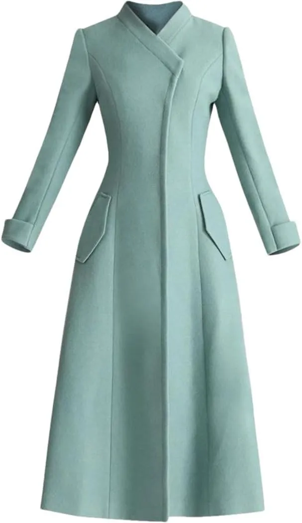 Women's English Style Wool Trench Coat Winter EN8 Office Jacket With V-Neck Covered Buttons Windbreaker With Pockets