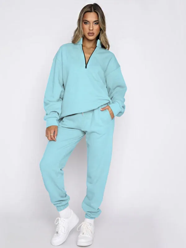Women's new solid color stand-up collar zipper pullover long-sleeved sweatshirt and trousers suit