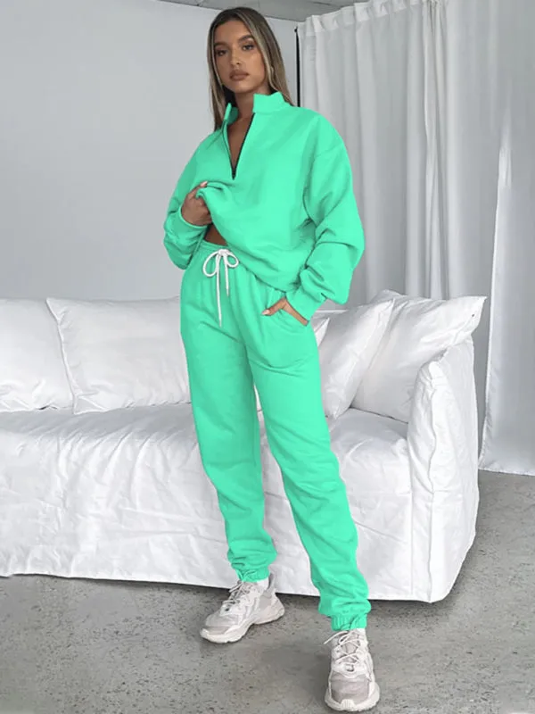 Women's new solid color stand-up collar zipper pullover long-sleeved sweatshirt and trousers suit