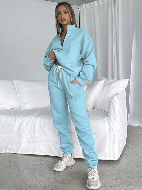 Women's new solid color stand-up collar zipper pullover long-sleeved sweatshirt and trousers suit