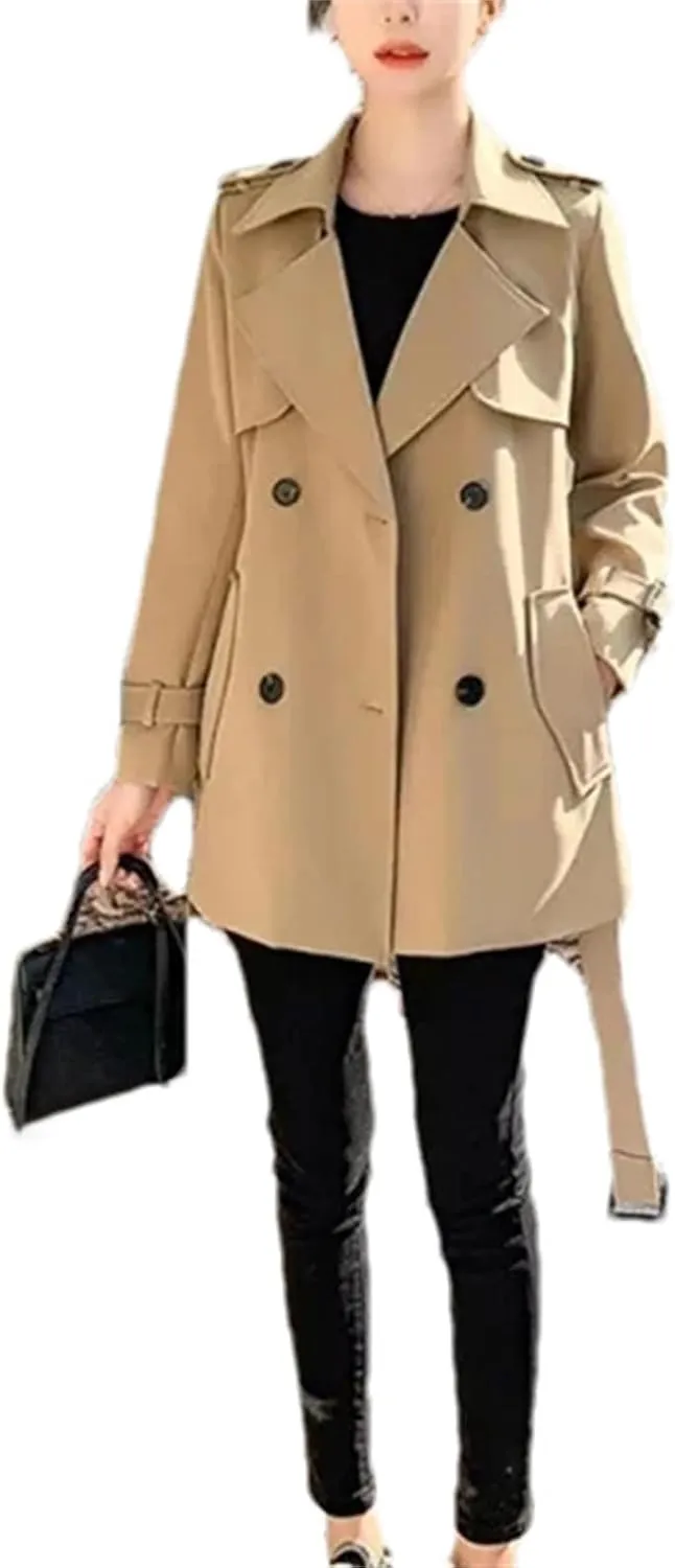 Women's Short Trench Coat  Spring Windbreaker With Belt Lace-Up Jacket Casual Outerwear For Work Office