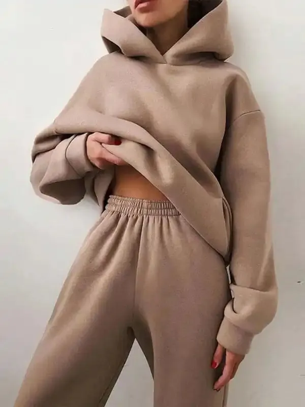 Women’s Solid Color Casual Fashion Trousers Thickened Long-Sleeved Hooded Set