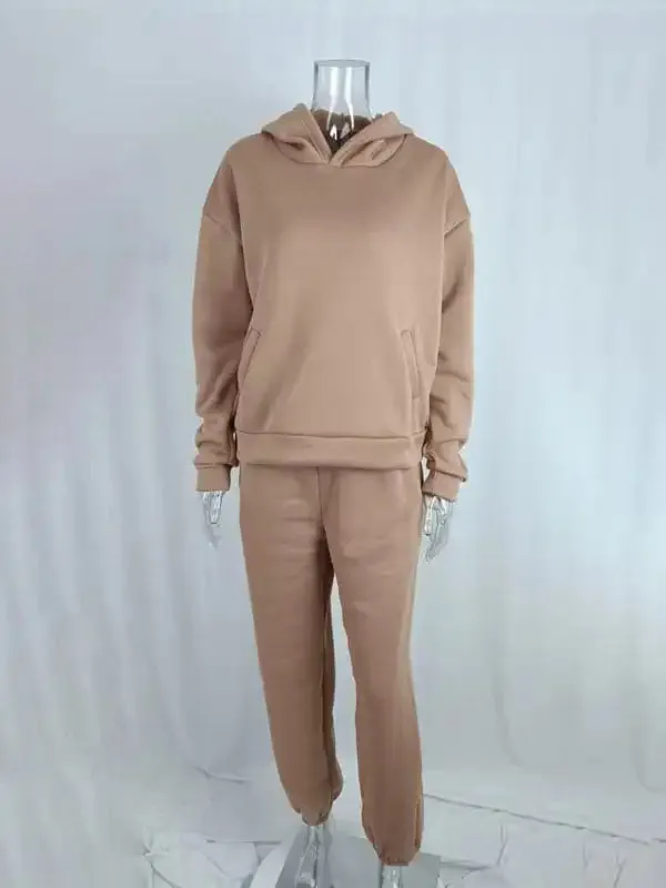 Women’s Solid Color Casual Fashion Trousers Thickened Long-Sleeved Hooded Set