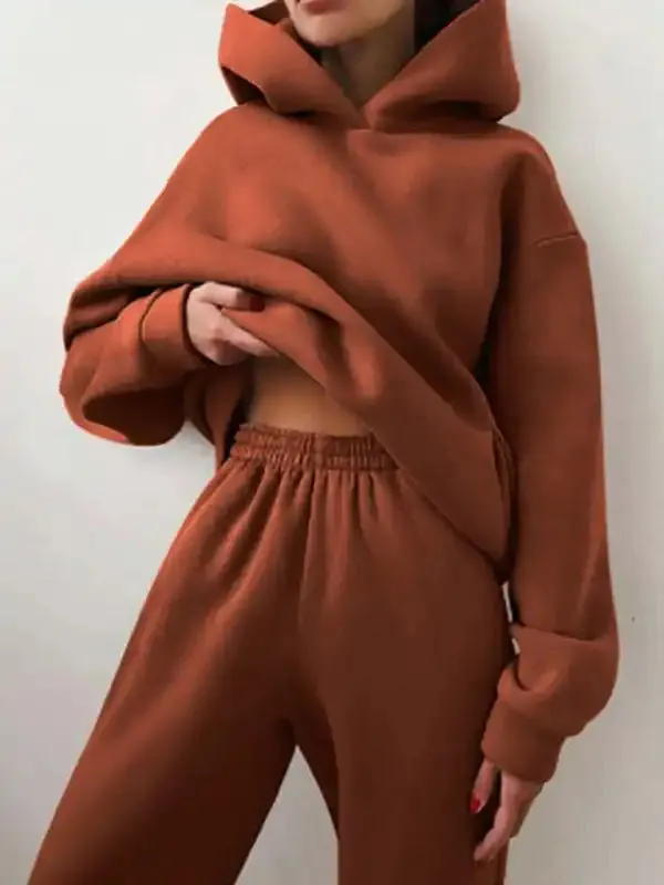 Women’s Solid Color Casual Fashion Trousers Thickened Long-Sleeved Hooded Set