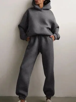 Women’s Solid Color Casual Fashion Trousers Thickened Long-Sleeved Hooded Set