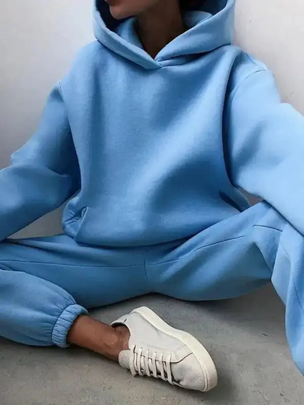 Women’s Solid Color Casual Fashion Trousers Thickened Long-Sleeved Hooded Set