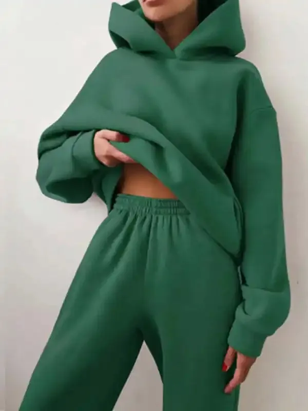Women’s Solid Color Casual Fashion Trousers Thickened Long-Sleeved Hooded Set