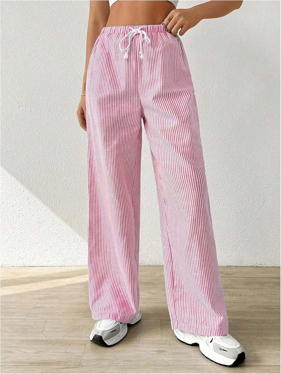 Women's Striped Print Straight Wide Leg Linen Pants Drawstring Waist Slant Pockets Pants Casual Long Pants