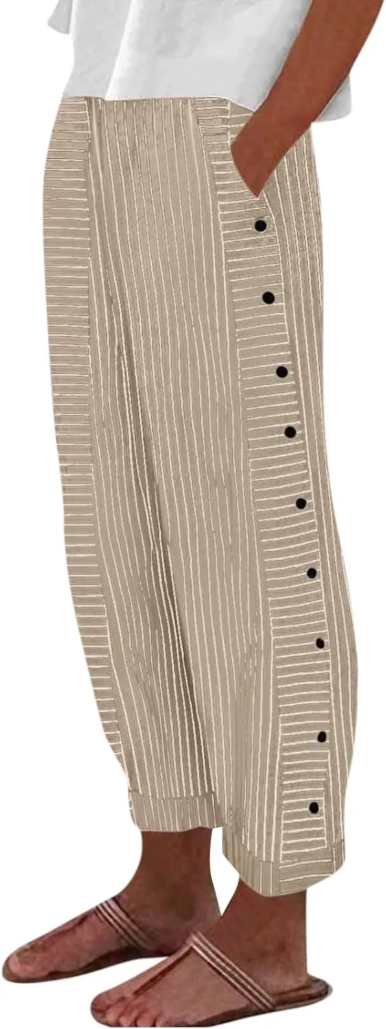 Women's Striped Printed Side Button Loose Elastic Waist Comfortable Pockets Dressy Casual Fashion