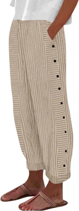 Women's Striped Printed Side Button Loose Elastic Waist Comfortable Pockets Dressy Casual Fashion