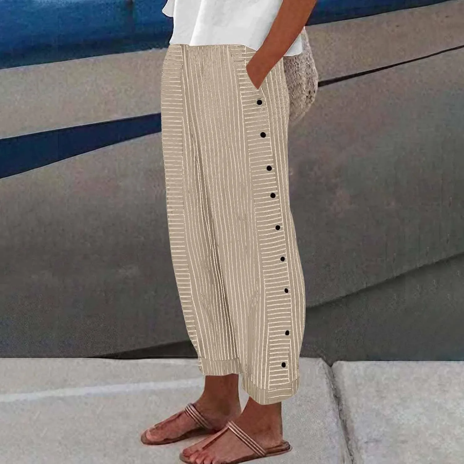 Women's Striped Printed Side Button Loose Elastic Waist Comfortable Pockets Dressy Casual Fashion
