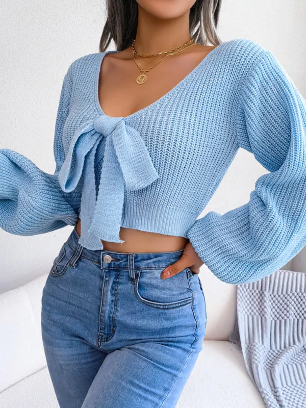 Women's Tie Neck Lantern Sleeve Cropped Knitted Jumper