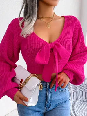 Women's Tie Neck Lantern Sleeve Cropped Knitted Jumper