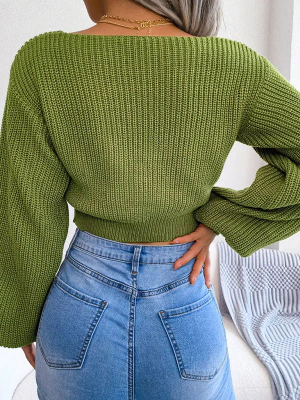 Women's Tie Neck Lantern Sleeve Cropped Knitted Jumper