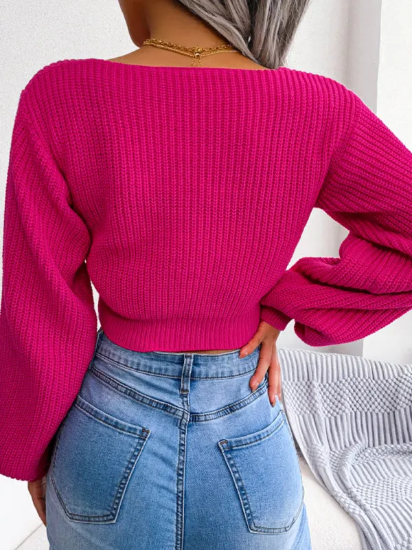 Women's Tie Neck Lantern Sleeve Cropped Knitted Jumper