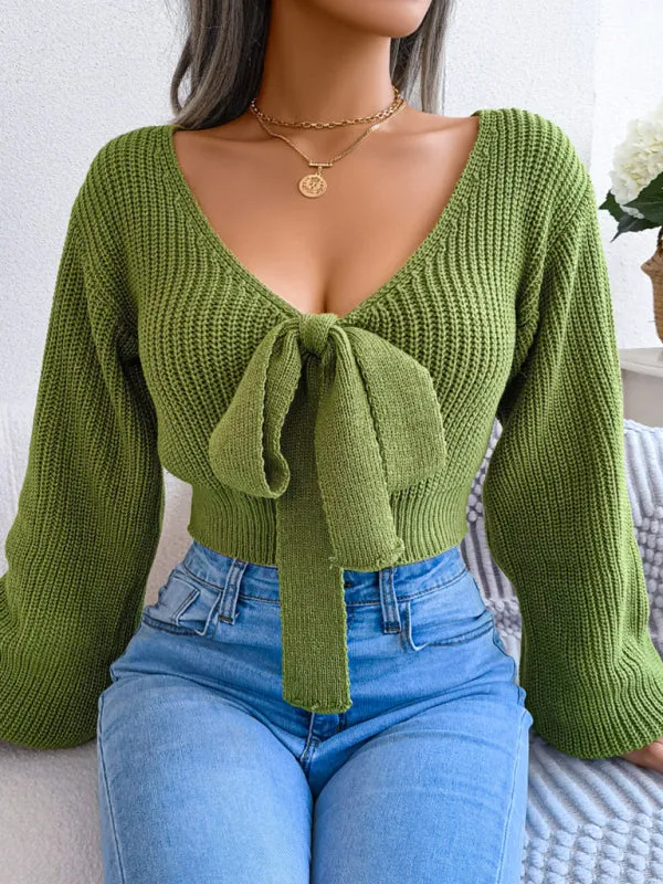 Women's Tie Neck Lantern Sleeve Cropped Knitted Jumper