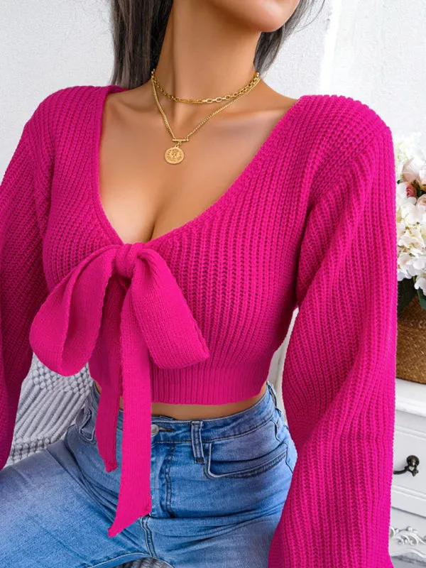 Women's Tie Neck Lantern Sleeve Cropped Knitted Jumper