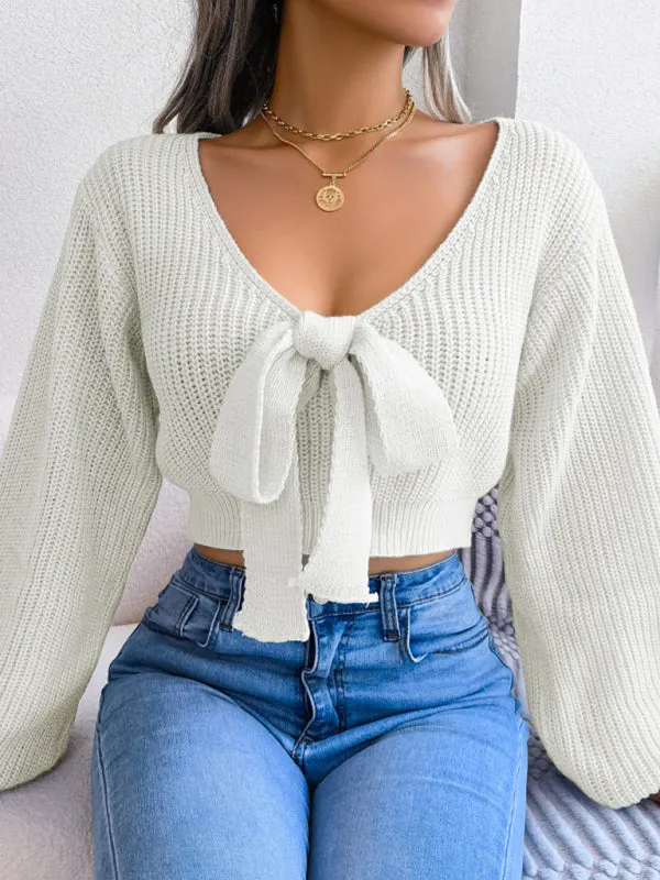 Women's Tie Neck Lantern Sleeve Cropped Knitted Jumper