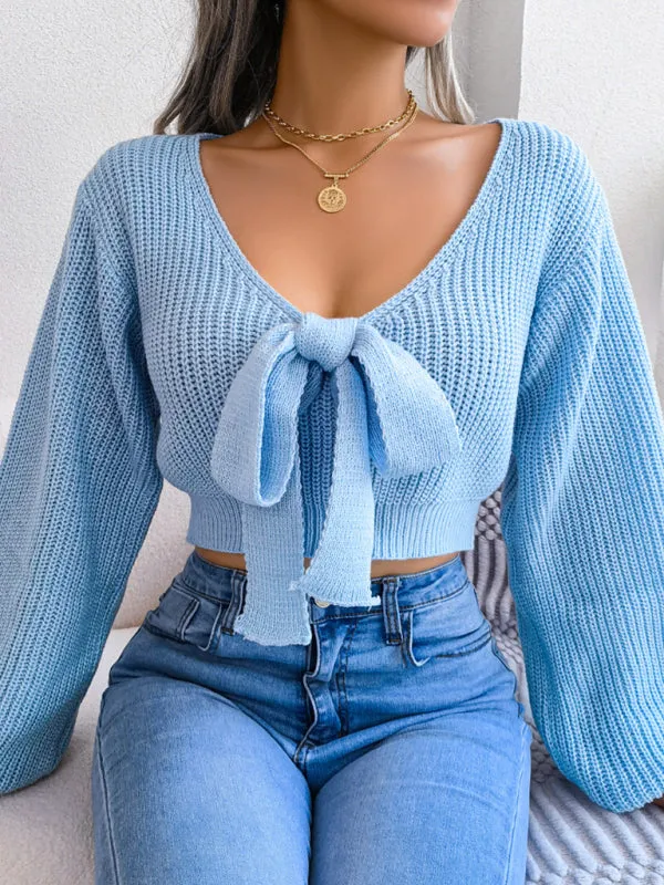 Women's Tie Neck Lantern Sleeve Cropped Knitted Jumper