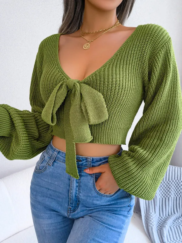Women's Tie Neck Lantern Sleeve Cropped Knitted Jumper