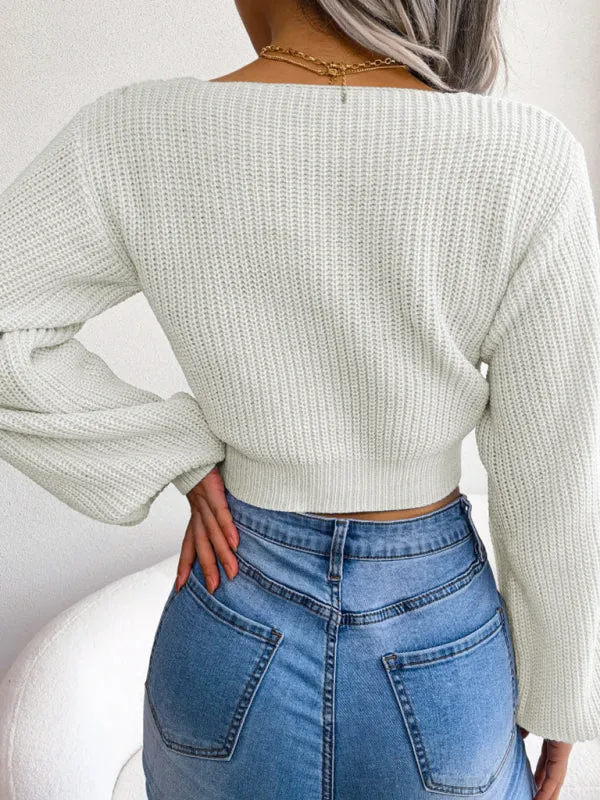 Women's Tie Neck Lantern Sleeve Cropped Knitted Jumper