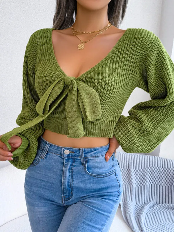 Women's Tie Neck Lantern Sleeve Cropped Knitted Jumper